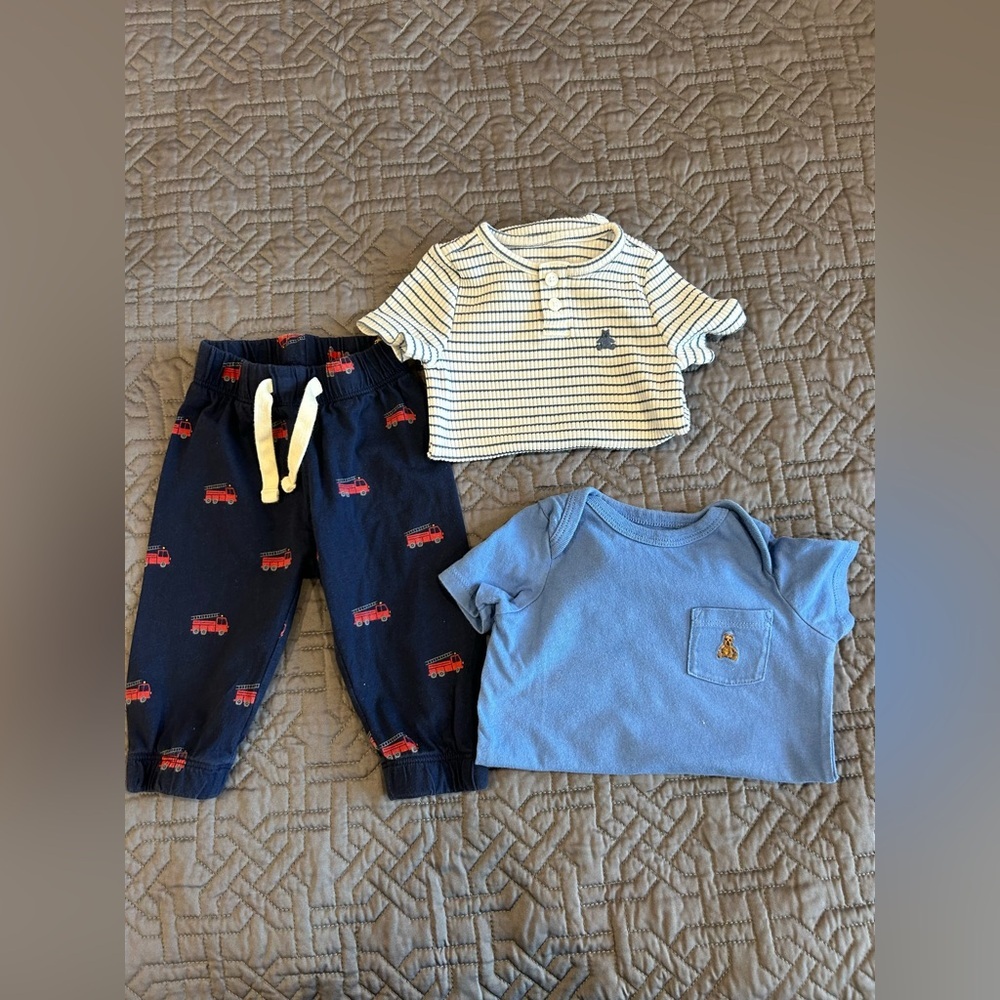 BabyGap Baby Boy 3pc Bundle, (2) s/s onesies, Fire Truck Pants Size 3-6 Mos